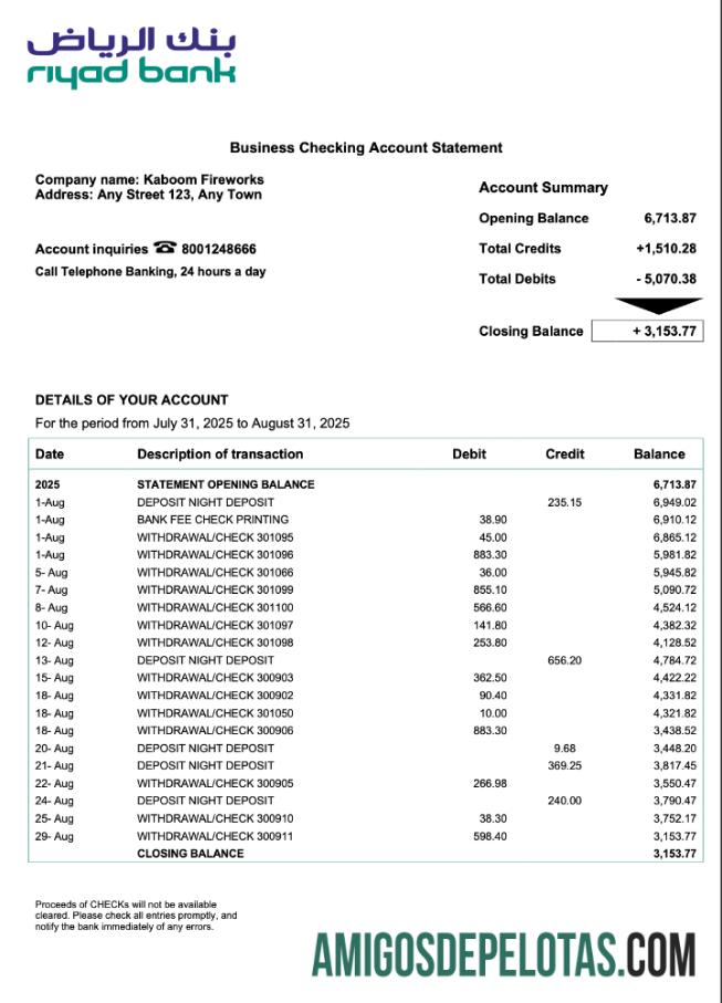 Arábia Saudita Riyad Enterprise Statement Word e formato PDF exemplo real